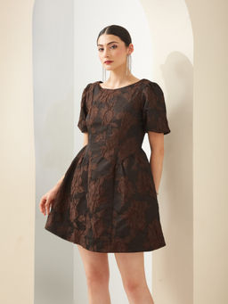 Latin Quarters - Women Brown Boat Neck Short Sleeves Fit and Flare Party Dress