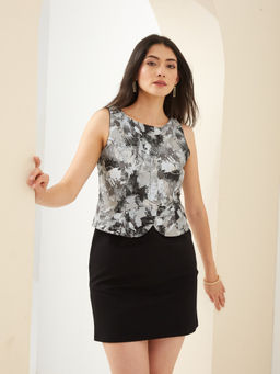 Latin Quarters - Women Grey Round Peplum Floral Party Dress