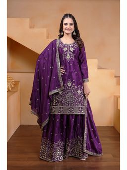 Anveri Textiles - Women Purple Chinon Kurta with Palazzo and Dupatta