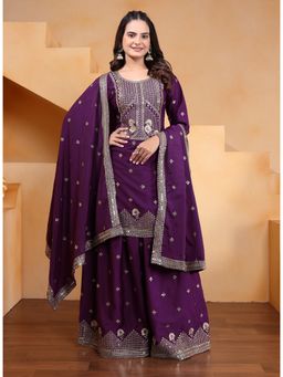 Anveri Textiles - Women Purple Crepe Kurta with Palazzo and Dupatta
