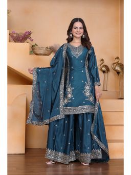 Anveri Textiles - Women Navy Blue Chinon Kurta with Palazzo and Dupatta