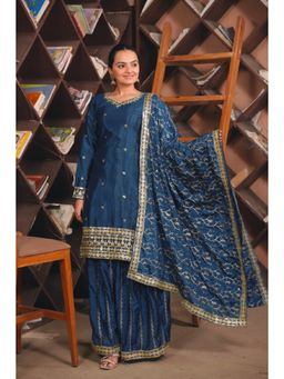 Anveri Textiles - Women Navy Blue Chinon Kurta with Palazzo and Dupatta