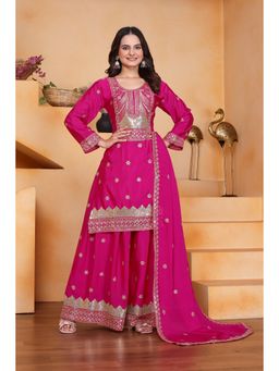Anveri Textiles - Women Pink Chinon Kurta with Palazzo and Dupatta