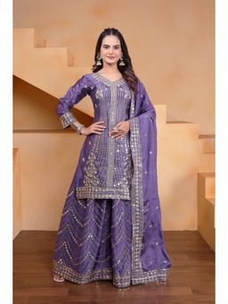 Anveri Textiles - Women Purple Chinon Kurta with Palazzo and Dupatta
