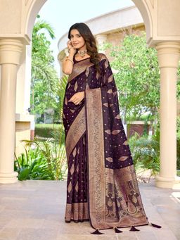 Manohari - Women Soft Satin Banarasi Wine Jacquard Saree Paisley Motif with Unstitched Blouse
