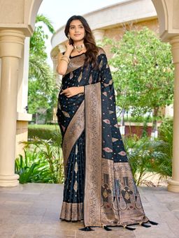 Manohari - Women Soft Satin Banarasi Blue Jacquard Saree Paisley Motif with Unstitched Blouse