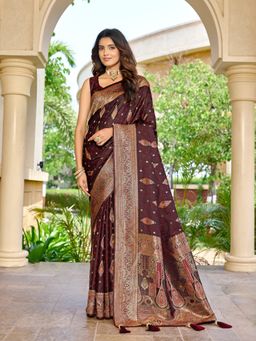 Manohari - Women Soft Satin Banarasi Maroon Jacquard Saree Paisley Motif with Unstitched Blouse
