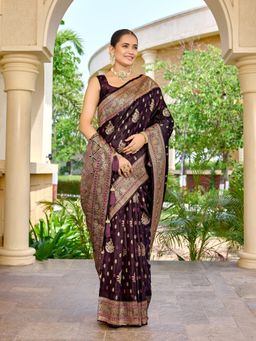 Manohari - Women Designer Banarasi Wine Jacquard Saree and Golden Buti with Unstitched Blouse