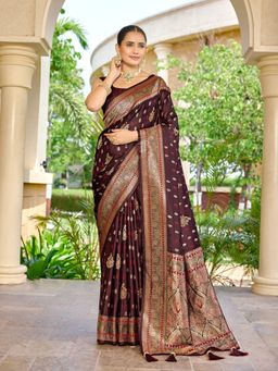 Manohari - Women Designer Banarasi Maroon Jacquard Saree and Golden Buti with Unstitched Blouse