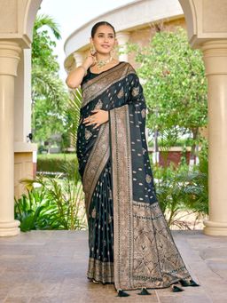 Manohari - Women Designer Banarasi Green Jacquard Saree and Golden Buti with Unstitched Blouse