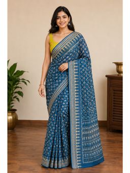 Mysilklove - Blue Ajrakh Printed Satin Crepe Silk Saree with Unstitched Blouse