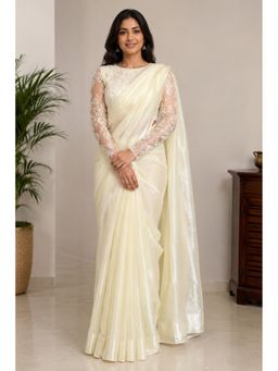 Mysilklove - White Designer Satin Partywear Saree with Unstitched Blouse