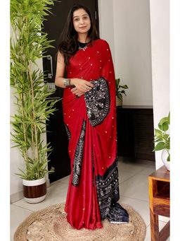 Mysilklove - Ruby Red and Black Gaji Bandej Satin Soft Silk Saree with Unstitched Blouse