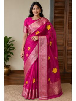 Mysilklove - Pink Floral Printed Organza Saree with Unstitched Blouse