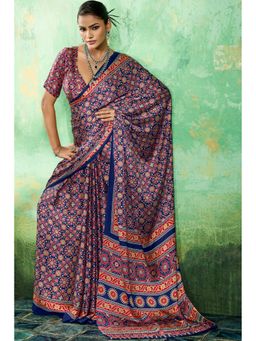 Mysilklove - Crystal Blue Modal Ajrakh Satin Printed Silk Saree with Unstitched Blouse