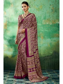 Mysilklove - Royal Garnet Purple Modal Ajrakh Satin Printed Silk Saree with Unstitched Blouse