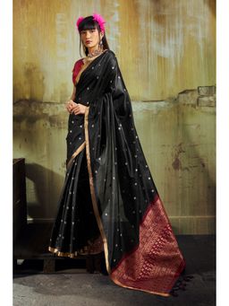 Mysilklove - Matte Black Tussar Handloom Silk Saree with Unstitched Blouse