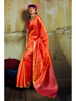 Mysilklove - Tangerine Orange Tussar Handloom Silk Saree with Unstitched Blouse