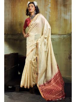 Mysilklove - Milk White Tussar Handloom Silk Saree with Unstitched Blouse