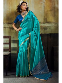 Mysilklove - Aqua Blue Tussar Handloom Silk Saree with Unstitched Blouse
