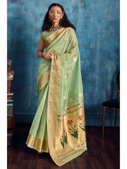 Mysilklove - Artichoke Green Zari Woven Tissue Paithani Saree with Unstitched Blouse