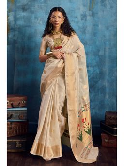 Mysilklove - Bone White Zari Woven Tissue Paithani Saree with Unstitched Blouse