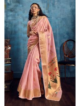 Mysilklove - Cameo Pink Zari Woven Tissue Paithani Saree with Unstitched Blouse