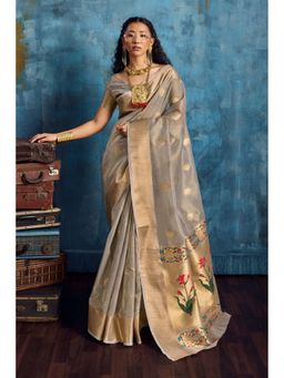 Mysilklove - Cadet Grey Zari Woven Tissue Paithani Saree with Unstitched Blouse