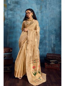 Mysilklove - Pastel Cream Zari Woven Tissue Paithani Saree with Unstitched Blouse