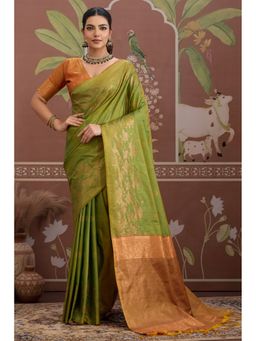 Mysilklove - Charteuse Green Banarasi Handloom Tussar Saree with Unstitched Blouse