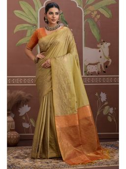 Mysilklove - Apple Green Banarasi Handloom Tussar Saree with Unstitched Blouse