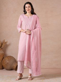 Kami Kubi - Straight Fit Chambray Cotton Kurta with Pant and Dupatta with Patchwork