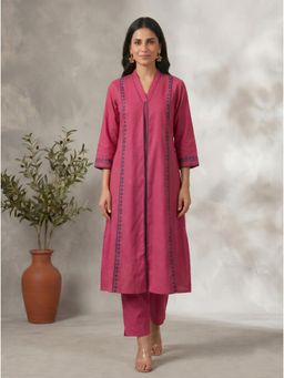 Kami Kubi - Solid Pink Embroidered V-Neck Co-Ord Set and Elegant Detailing.