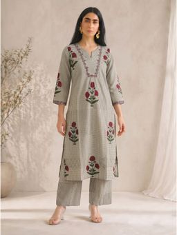 Kami Kubi - Grey Checked Red Floral Printed Cotton A-Line Co-Ord Set