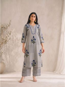 Kami Kubi - Grey Checked Blue Floral Printed Cotton A-Line Kurta and Pant Set
