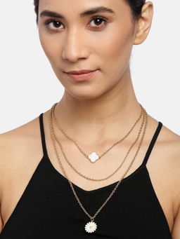 Blueberry - Gold Plated Chain Layered Flower Pendant Detailing Necklace