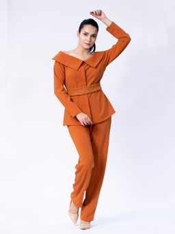 Weaving Cult - Tangerine Off-Shoulder Flap Coord with Embellished Detachable Belt (Set of 3)