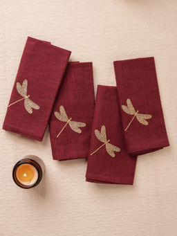 Glimpse Homes - Maroon Dragonfly Cotton Slub Napkins (Pack Of 4)