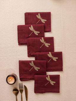 Glimpse Homes - Maroon Dragonfly Cotton Slub Napkins (Pack Of 6)