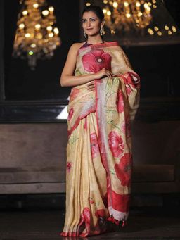 Beatitude - Floral Print Handwoven Digital Printed Linen Saree with Unstitched Blouse