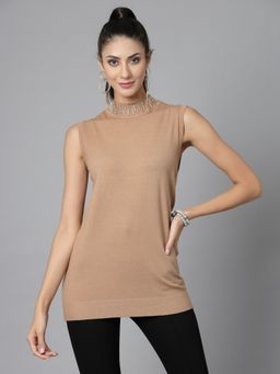 Mafadeny - Women Camel Cable Knit Sweater Vest With Embellished Detail
