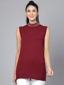 Mafadeny - Women Maroon Cable Knit Sweater Vest With Embellished Detail