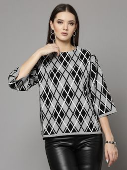 Mafadeny - Women Winter Wear Grey & Black Stylised Top