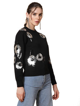 Mafadeny - Women Winter Wear Black Embellished Detail Top