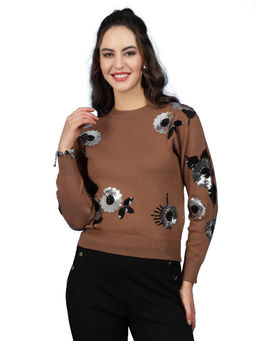 Mafadeny - Women Winter Wear Brown Embellished Detail Top