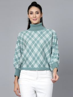 Mafadeny - Women Winter Wear Green & White Stylised Top