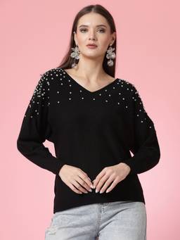 Mafadeny - Women Winter Wear Black Top Embellished Details
