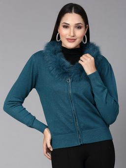 Mafadeny - Women Winter Wear Teal Blue Stylised Top