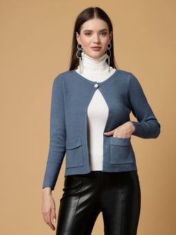 Mafadeny - Women Winter Wear Blue Short & Stylish Cardigan