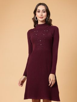 Mafadeny - Women Winter Wear A-Line Wine Embellished Dress